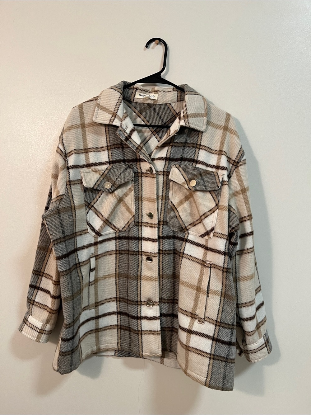 Workshop Republic Clothing Plaid Shacket Jacket in Cream & Taupe